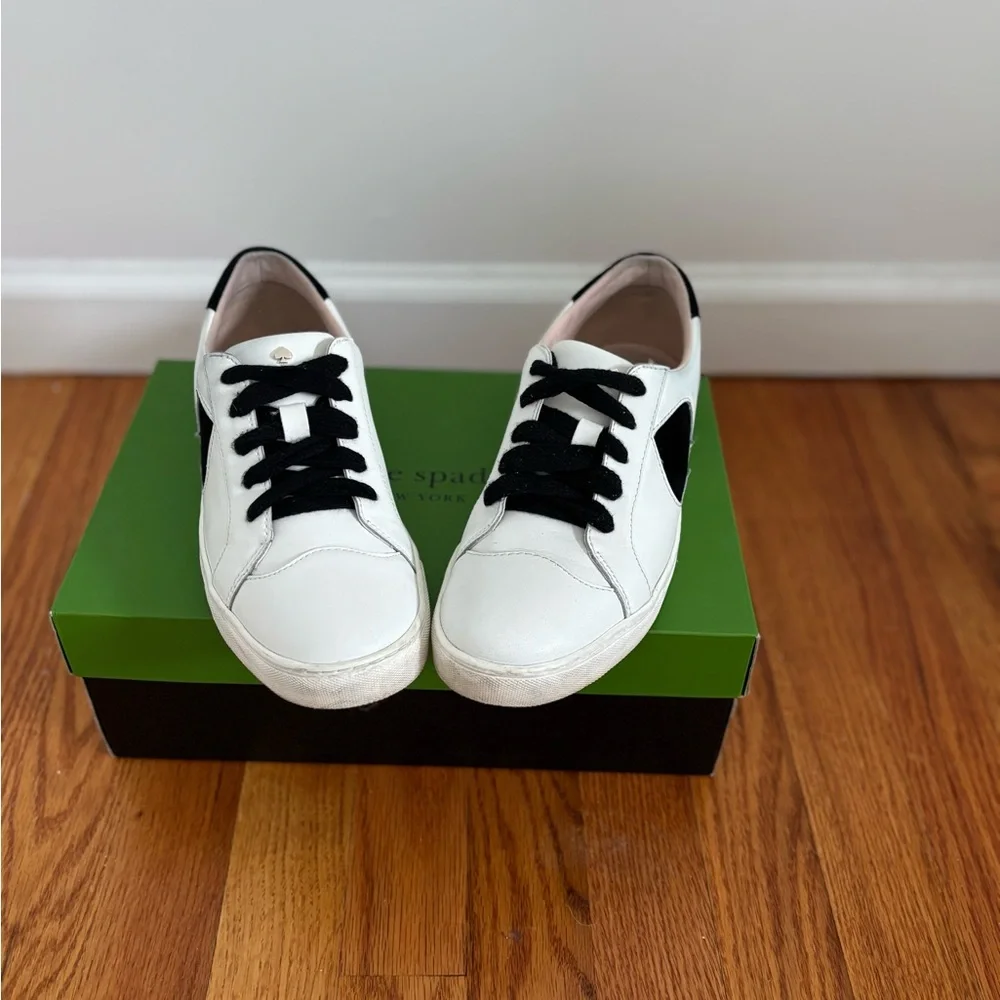 kate spade White Leather Sneakers with Black Spade Detail - Picture 3 of 12